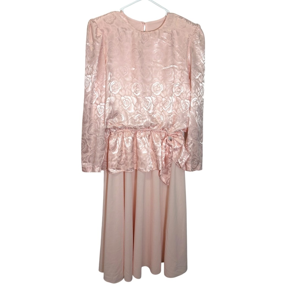 Boston Maid 16 Pink Midi Dress Rose Jacquard Peplum Rhinestone Bow Romantic 80s